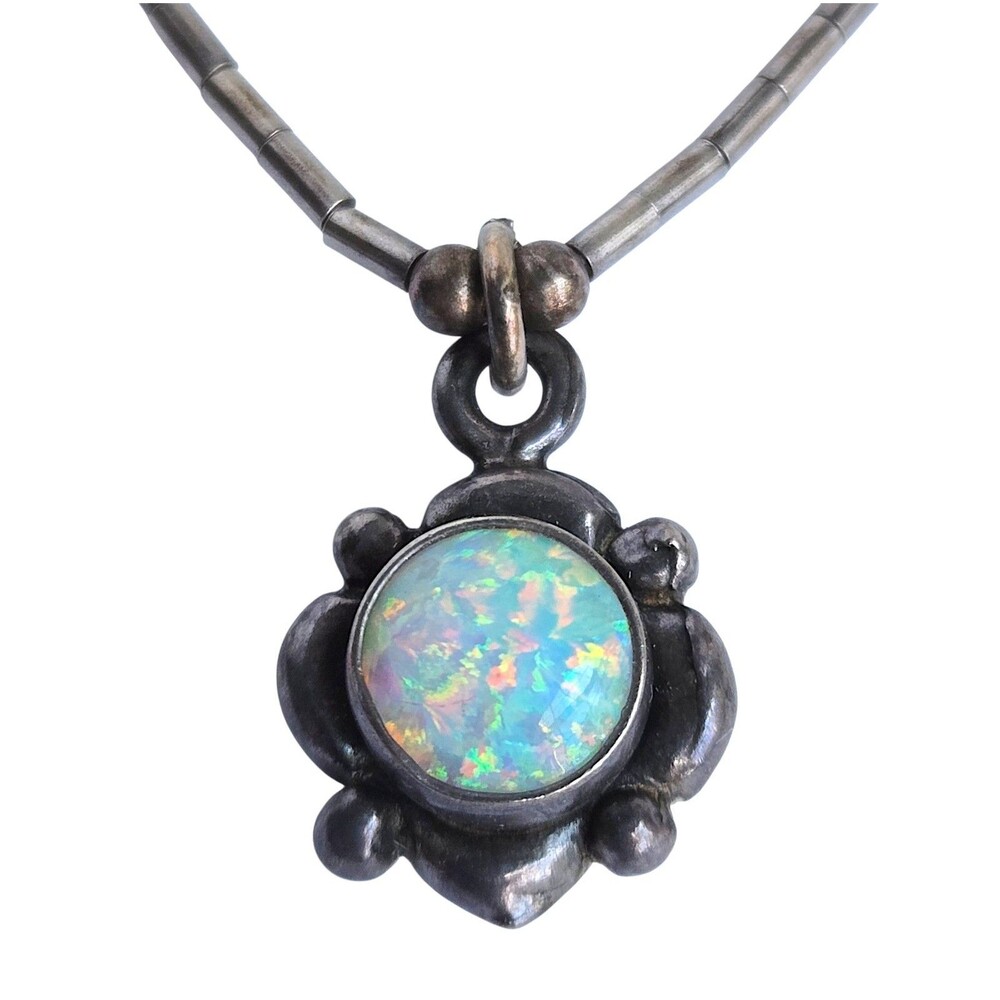 Vtg Sterling Liquid Silver Chain Lab Opal Pendant 925 Necklace Southwestern 16"